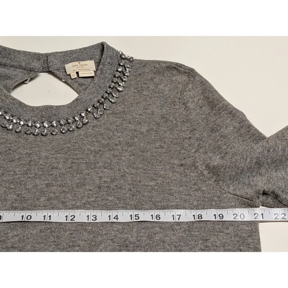 Kate Spade Wool Cashmere Gray Embellished Collar Sweater Keyhole Bow Back Sz XL